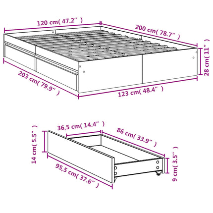 sengeramme med skuffer 120x200 cm konstrueret træ grå sonoma-eg