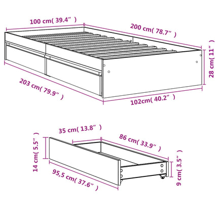 sengeramme med skuffer 100x200 cm konstrueret træ hvid