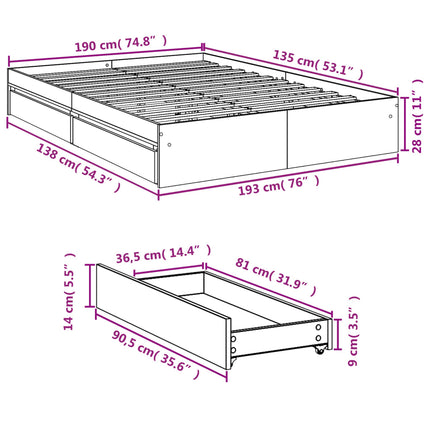 sengeramme med skuffer 135x190 cm konstrueret træ betongrå