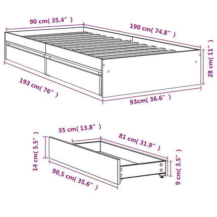 sengeramme med skuffer 90x190 cm konstrueret træ røget eg