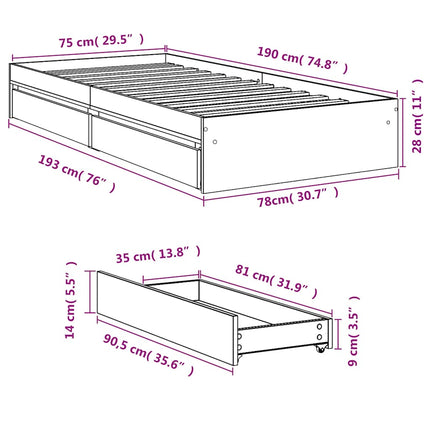 sengeramme med skuffer 75x190 cm konstrueret træ sort