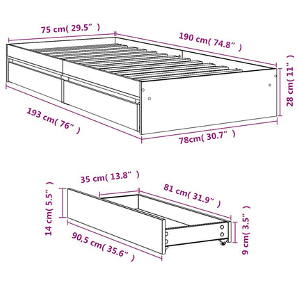 sengeramme med skuffer 75x190 cm konstrueret træ sonoma-eg