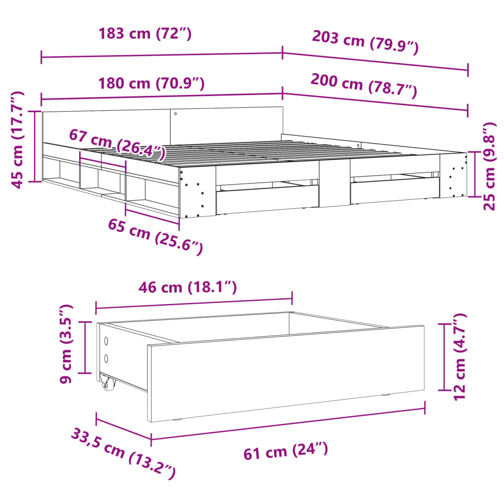 sengeramme med skuffer 180x200 cm konstrueret træ sonoma-eg