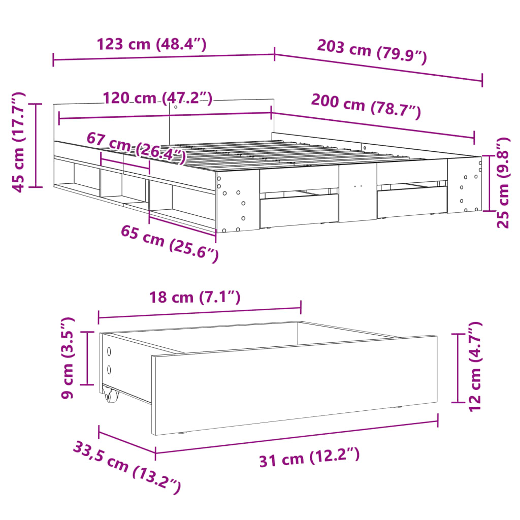 sengeramme med skuffer 120x200 cm konstrueret træ betongrå
