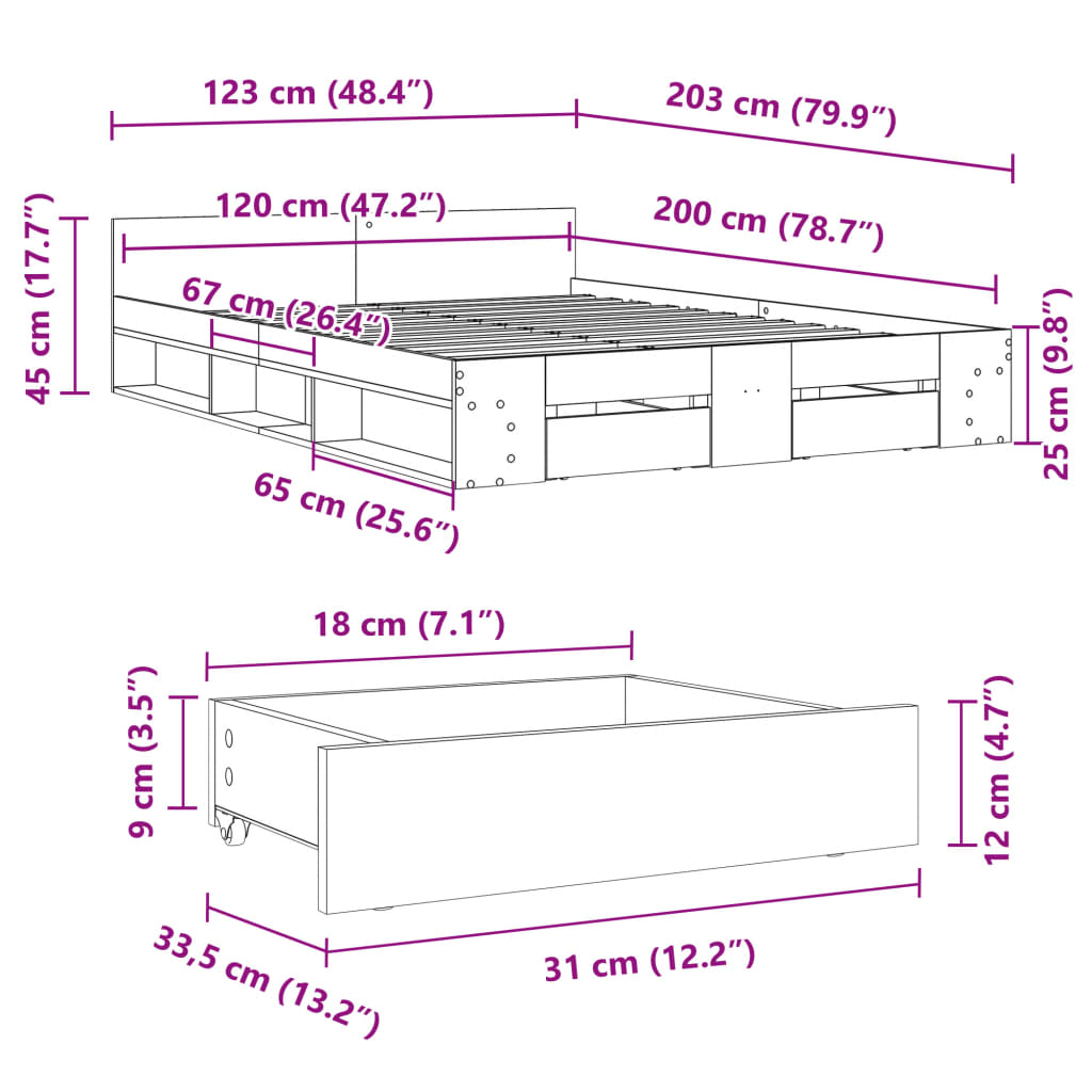 sengeramme med skuffer 120x200 cm konstrueret træ grå sonoma-eg