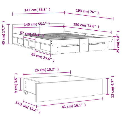 sengeramme med skuffer 140x190 cm konstrueret træ sonoma-eg