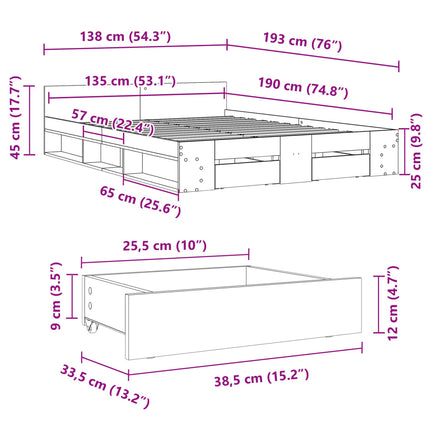 sengeramme med skuffer 135x190 cm konstrueret træ hvid højglans