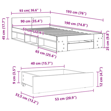 sengeramme med skuffe 90x190 cm konstrueret træ røget eg