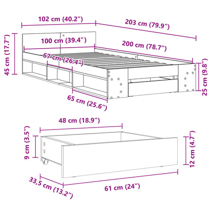 sengeramme med skuffe 100x200 cm konstrueret træ sonoma-eg