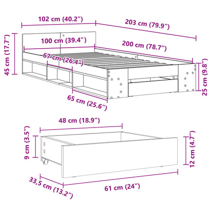 sengeramme med skuffe 100x200 cm konstrueret træ betongrå