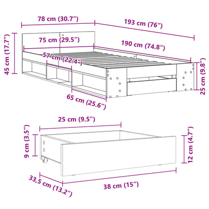 sengeramme med skuffe 75x190 cm konstrueret træ hvid