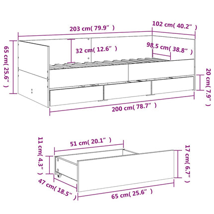 daybed med skuffer uden madras 100x200 cm hvid
