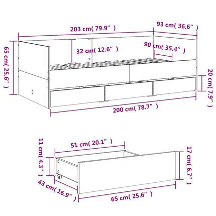 daybed med skuffer uden madras 90x200 cm sonoma-eg