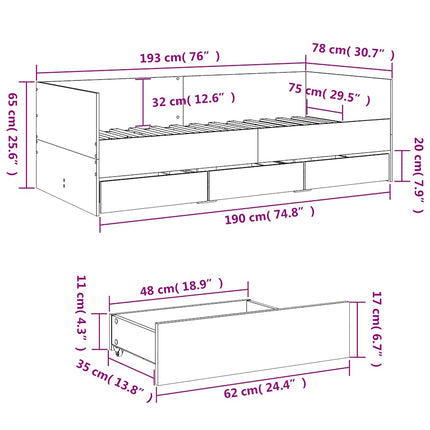 daybed med skuffer uden madras 75x190 cm hvid