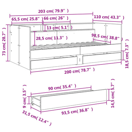 daybed med skuffer uden madras 100x200 cm sonoma-eg