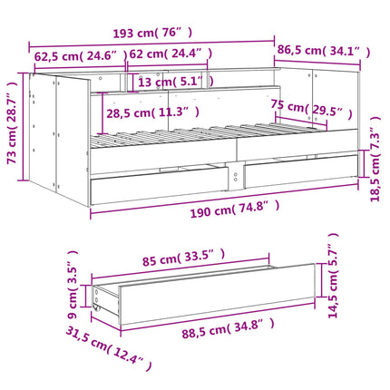 daybed med skuffer uden madras 75x190 cm grå sonoma-eg