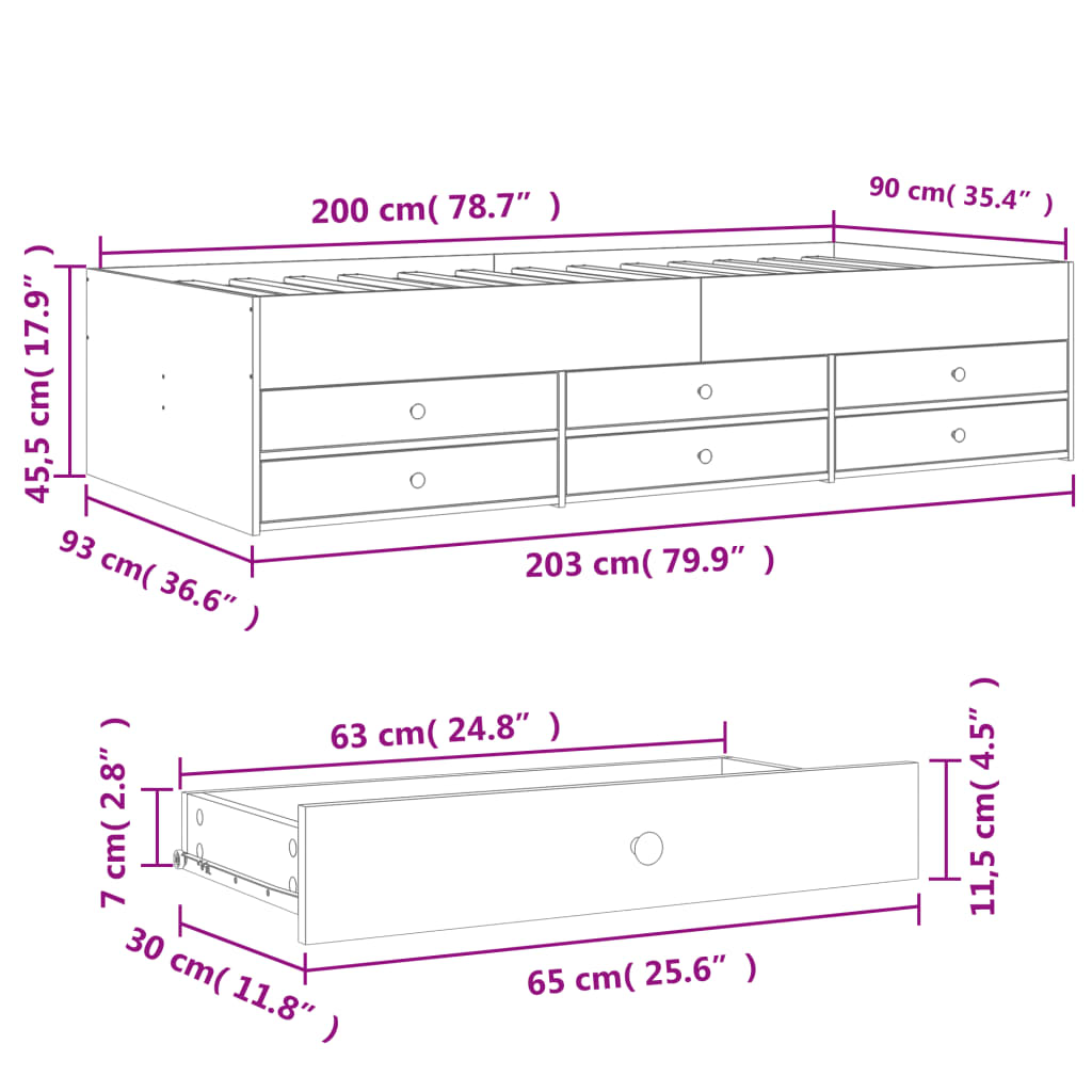 daybed med skuffer uden madras 90x200 cm sort