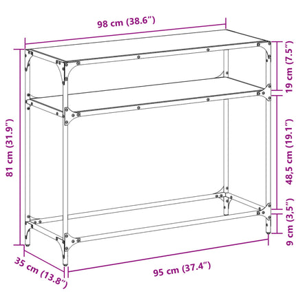 konsolbord med sort glastop 98x35x81 cm stål