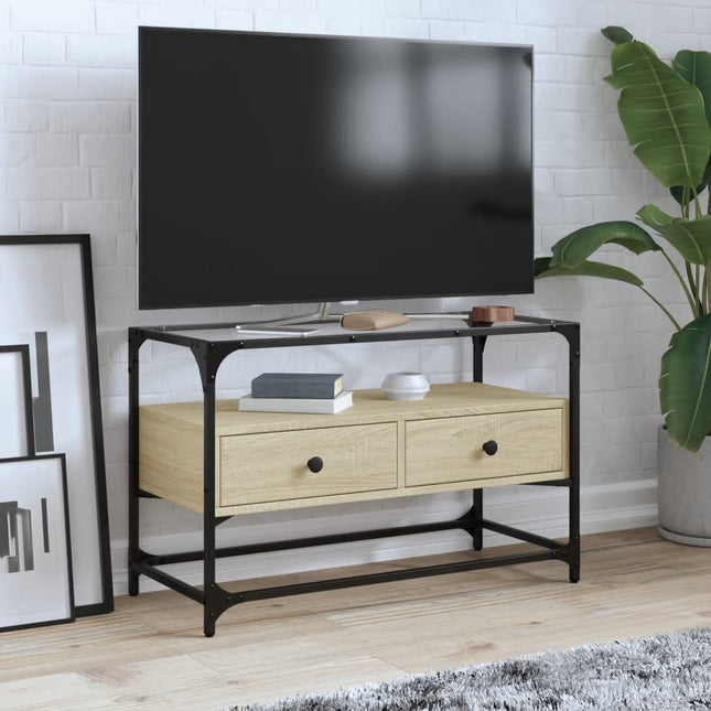 tv-bord med glasplade 80x35x51 cm konstrueret træ sonoma-eg