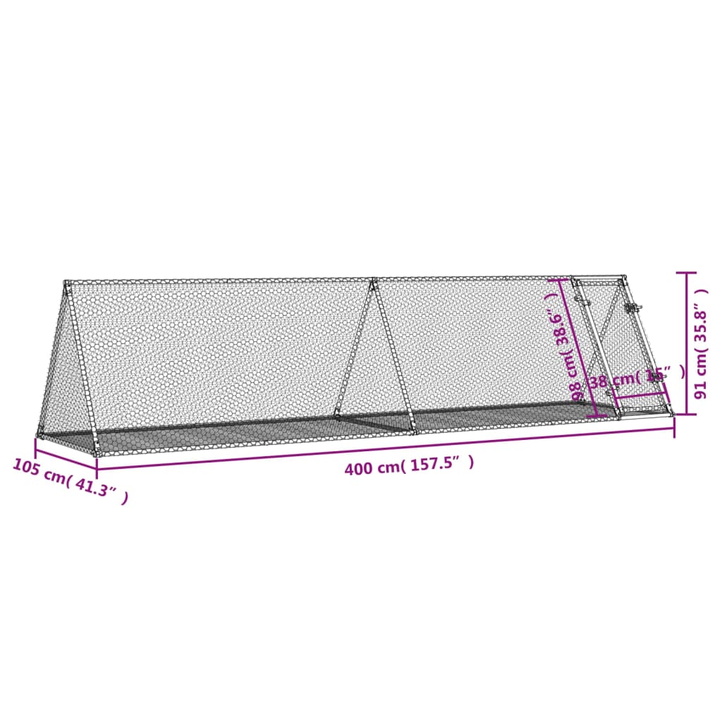kaninbur 400x105x91 cm galvaniseret stål sølvfarvet