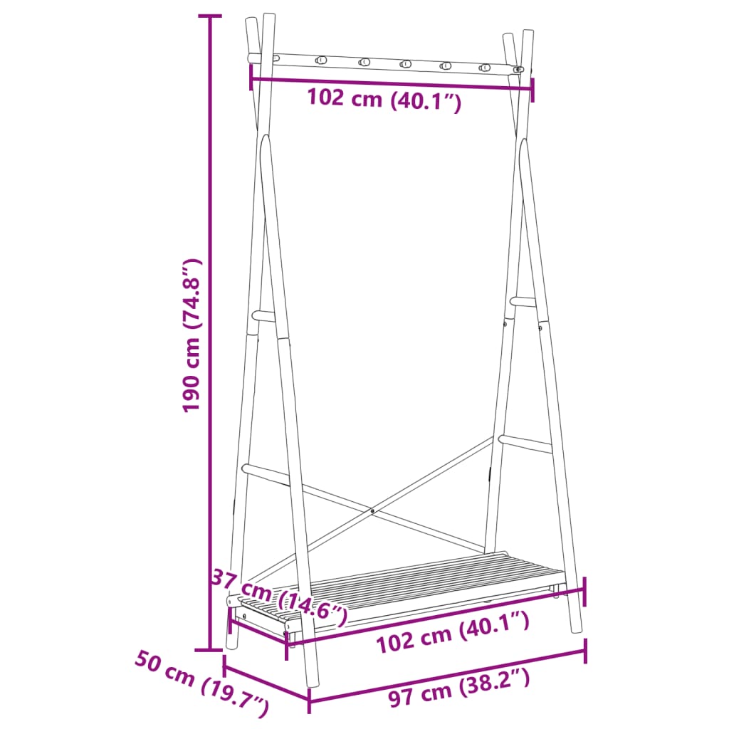 tøjstativ med hylde 102x50x190 cm bambus