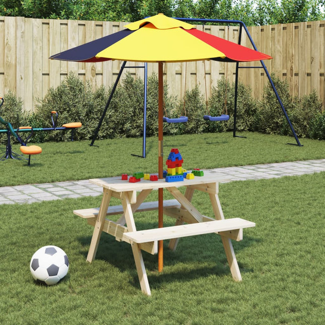 picnicbord til 4 børn m. parasol massivt grantræ