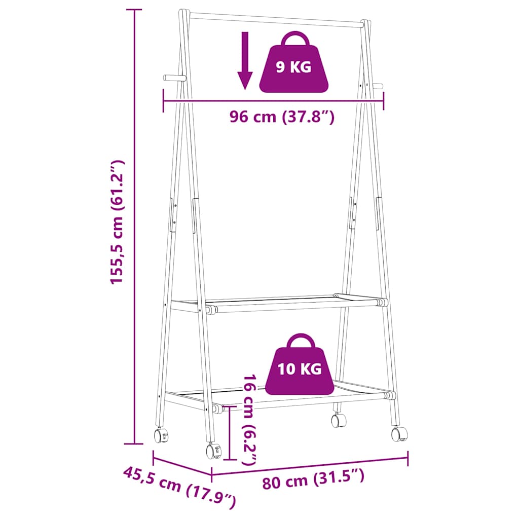 tøjstativ med hylder og hjul 96x45,5x155,5 cm bambus