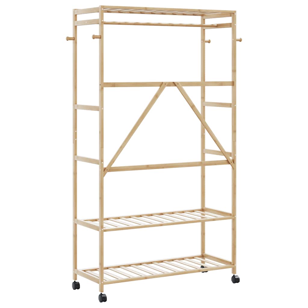 tøjstativ med hylder og hjul 110x40x180 cm bambus