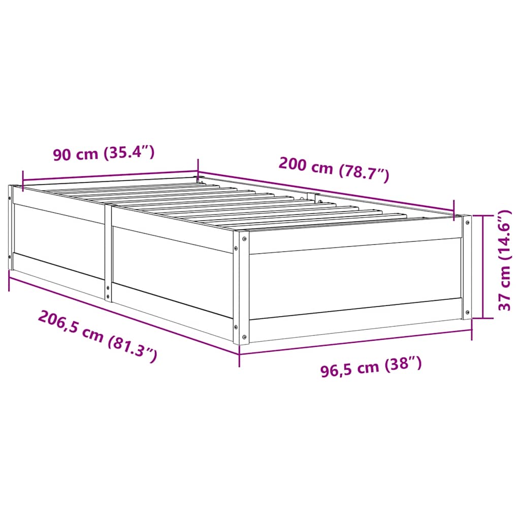 sengeramme uden madras 90x200 cm massivt fyrretræ hvid