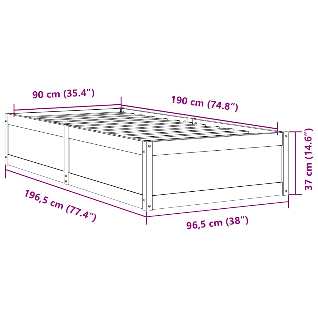 sengeramme uden madras 90x190 cm massivt fyrretræ hvid