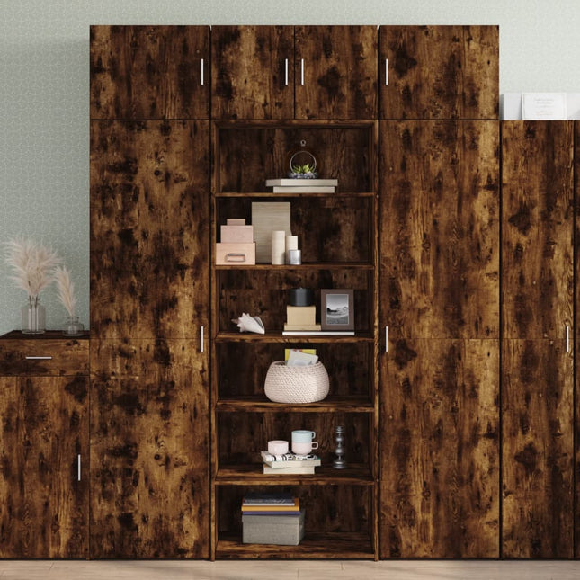 reol 70x41x185 cm konstrueret træ røget egetræsfarve