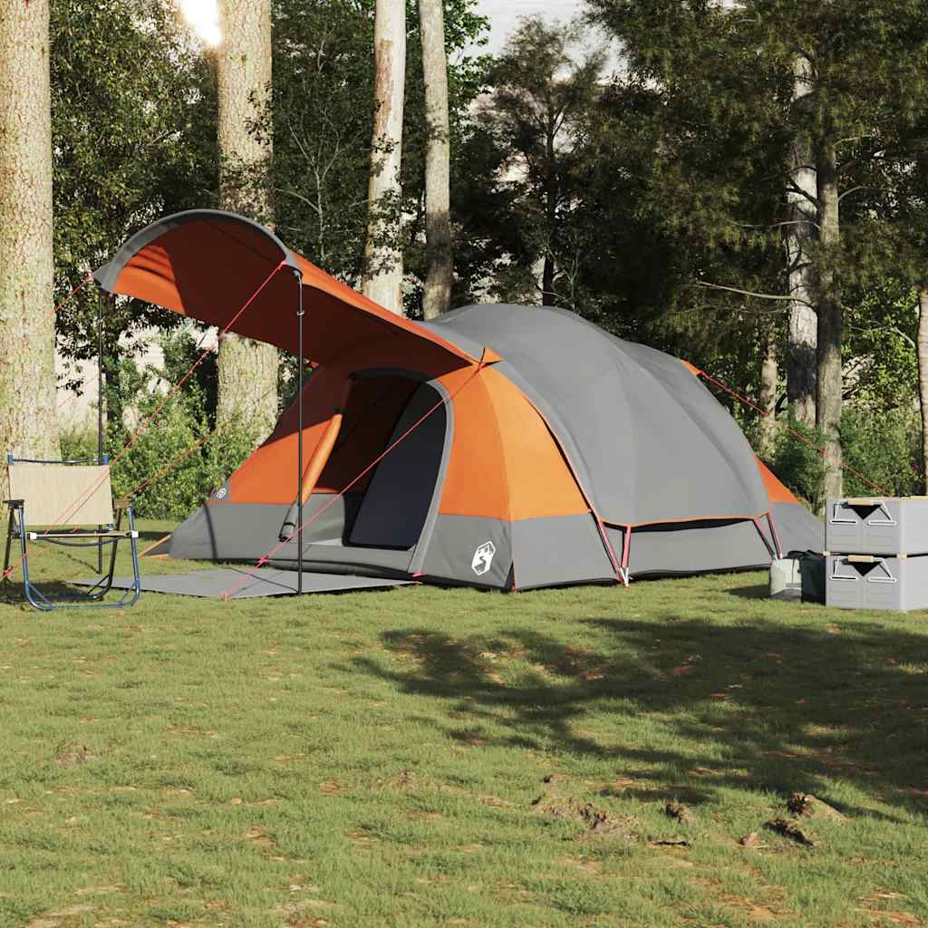 8-personers campingtelt - vandafvisende tunneltelt i grå og orange