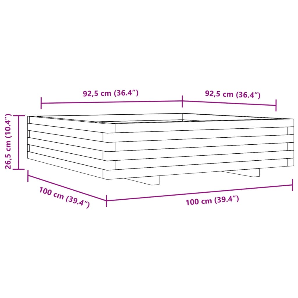 plantekasse 100x100x26,5 cm massivt fyrretræ hvid