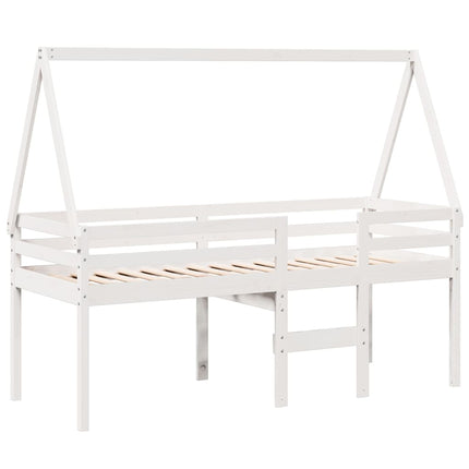 højseng med tag 90x200 cm massivt fyrretræ hvid