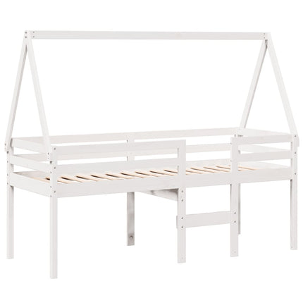 højseng med tag 80x200 cm massivt fyrretræ hvid