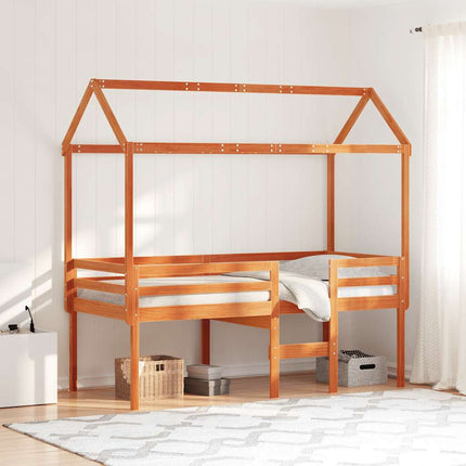 højseng med tag 90x200 cm massivt fyrretræ gyldenbrun