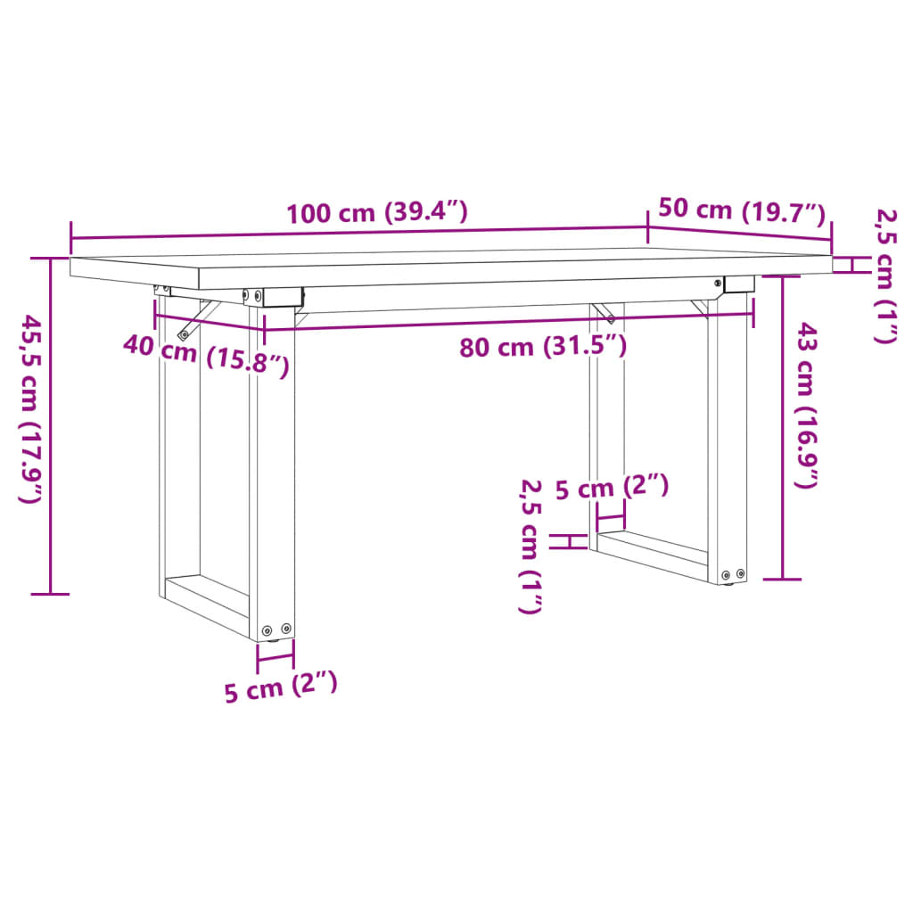 sofabord 100x50x45,5 cm O-stel massivt fyrretræ og stål