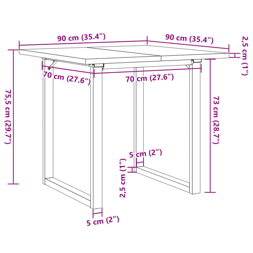 spisebord 90x90x75,5 cm O-stel massivt fyrretræ og stål