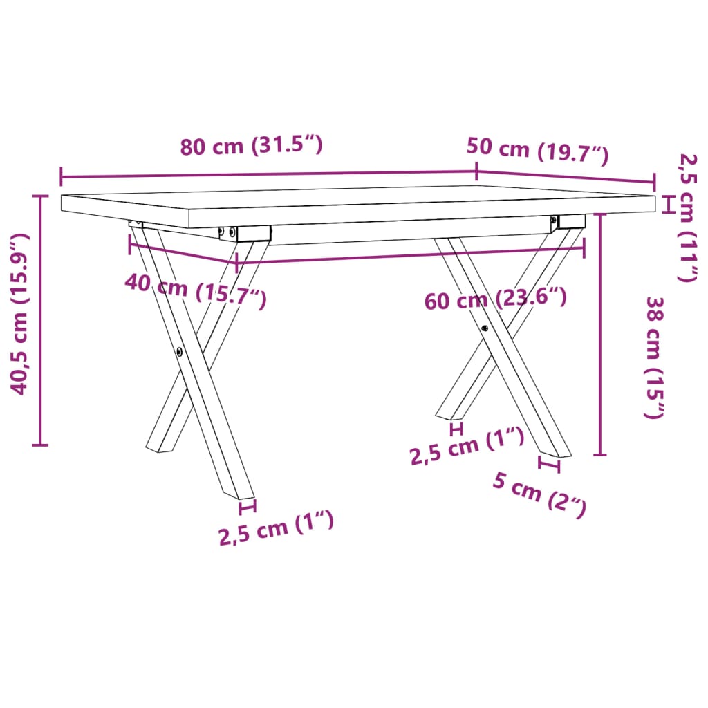 sofabord 80x50x40,5 cm X-stel massivt fyrretræ og stål
