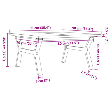 sofabord 90x90x45,5 cm Y-stel massivt fyrretræ og stål