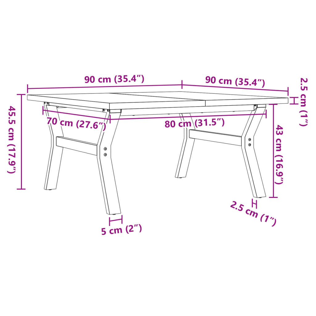 sofabord 90x90x45,5 cm Y-stel massivt fyrretræ og stål