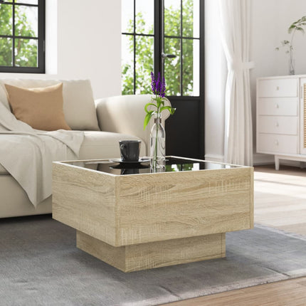 sofabord med LED-lys 50x50x30 cm konstrueret træ sonoma-eg