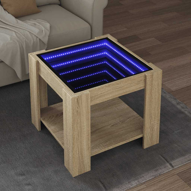 sofabord med LED-lys 53x53x45 cm konstrueret træ sonoma-eg