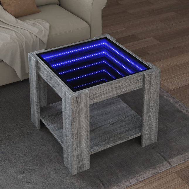 sofabord med LED-lys 53x53x45 cm konstrueret træ grå sonoma-eg
