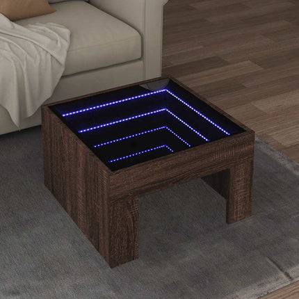 sofabord med Infinity LED-lys 50x50x30 cm brun egetræsfarve