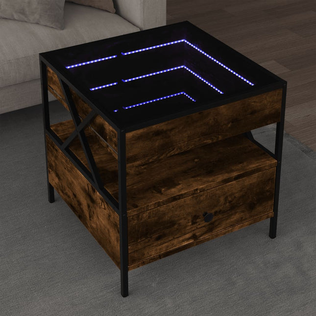 sofabord med Infinity LED-lys 50x50x51 cm røget egetræsfarve