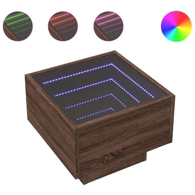 sengebord med Infinity LED-lys 40x40x30 cm brun egetræsfarve