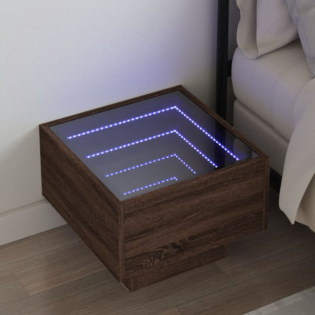 sengebord med Infinity LED-lys 40x40x30 cm brun egetræsfarve