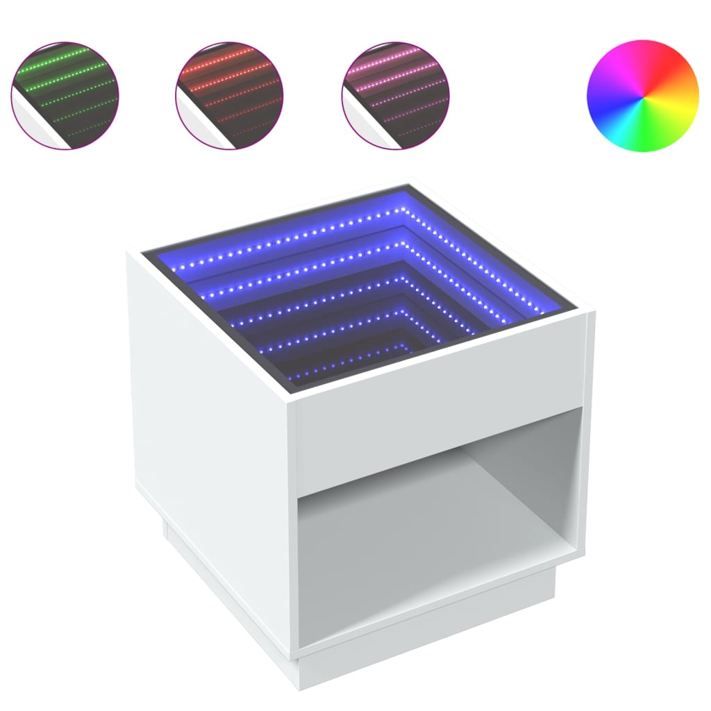 sengebord med Infinity LED-lys 50x50x50 cm hvid