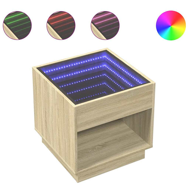 sengebord med Infinity LED-lys 50x50x50 cm sonoma-eg